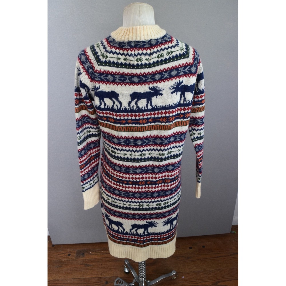 Kiel James Patrick Cozy Cabin Sweater Dress Medium Cream Fair Isle Moose - Picture 3 of 5